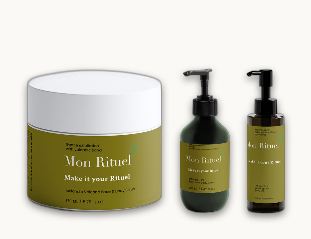 The Body Glow Rituel — Icelandic Volcano Scrub, Urea + Panthenol Body Cream & Omega 6-9 Body Oil