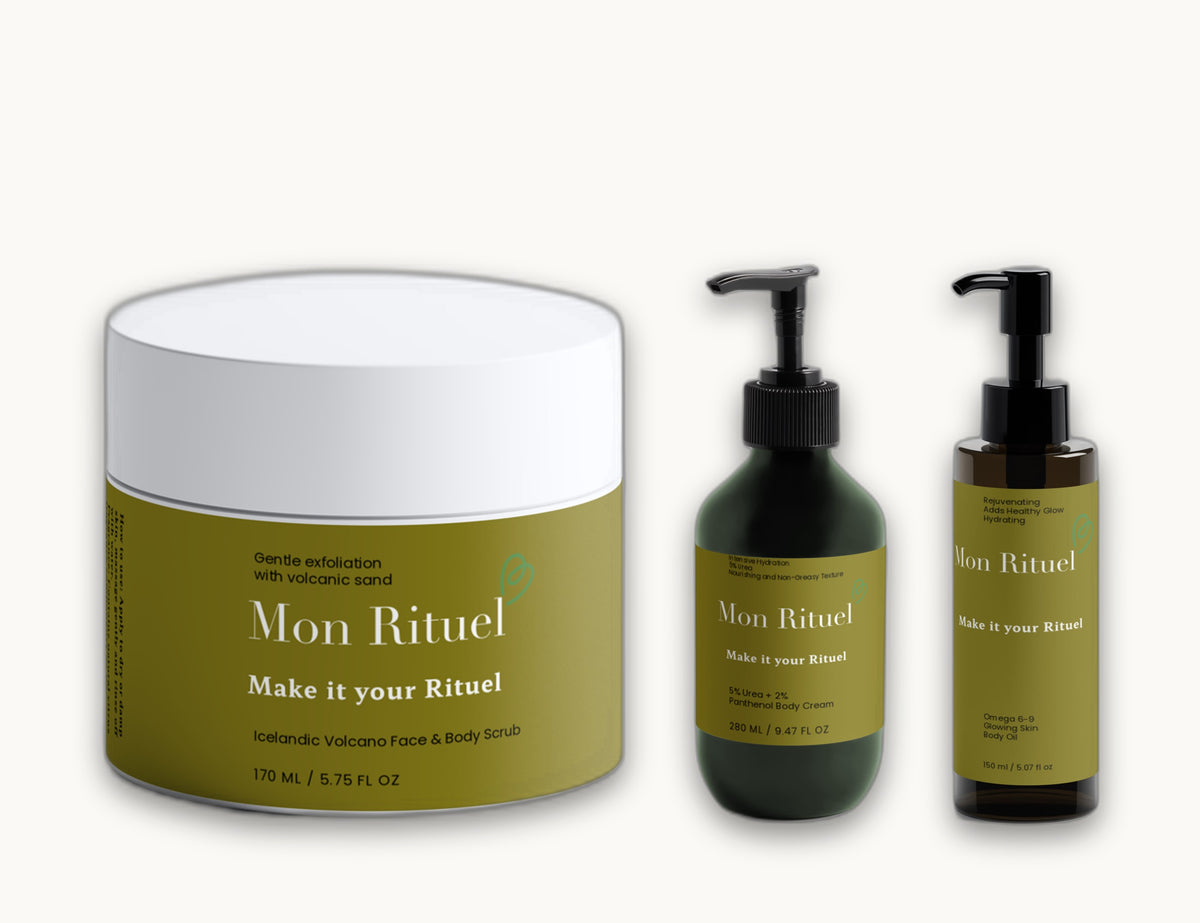 The Body Glow Rituel — Icelandic Volcano Scrub, Urea + Panthenol Body Cream & Omega 6-9 Body Oil